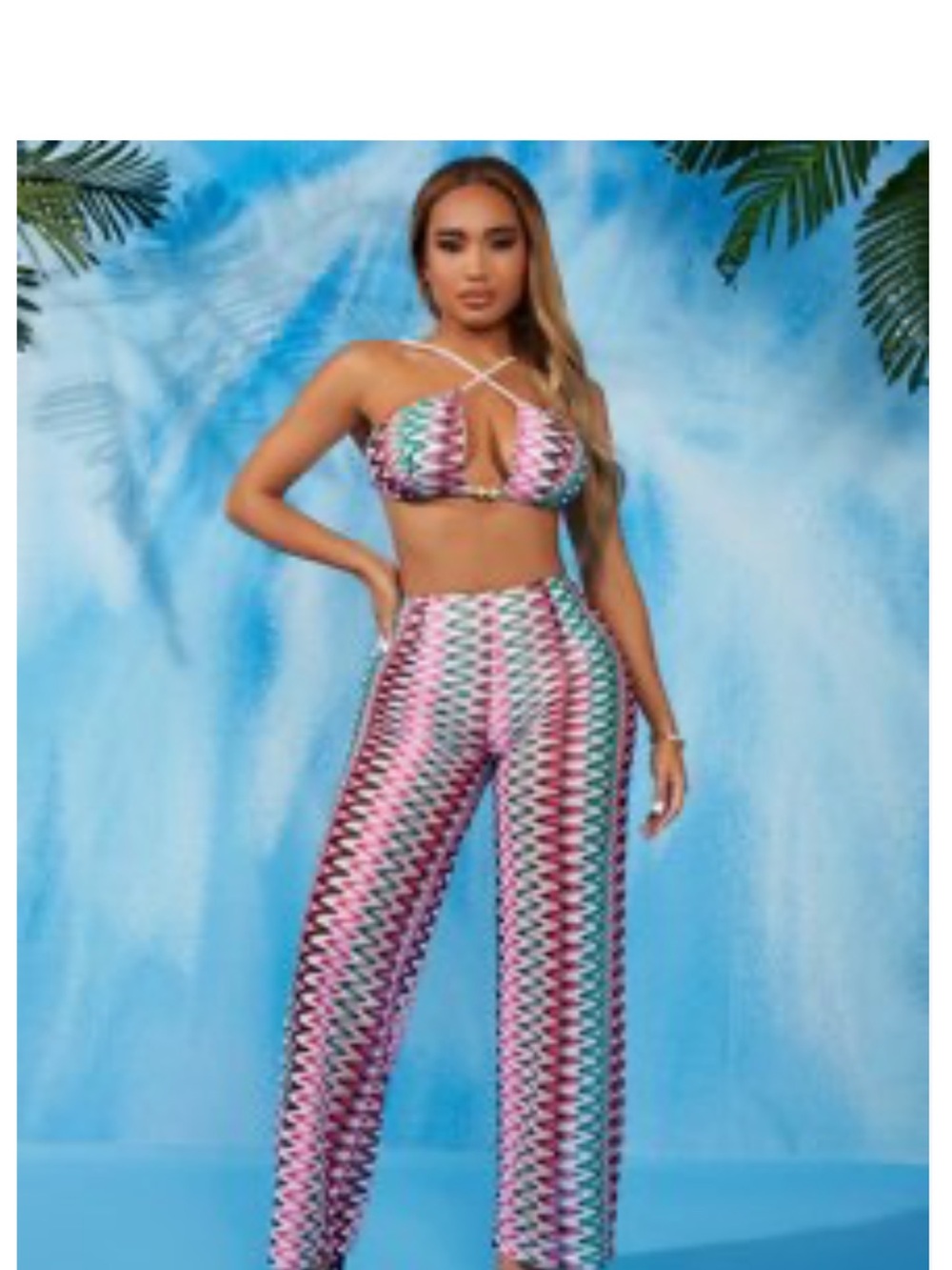 SHEIN Pink Multi Zigzag Wide-Leg Pants Set